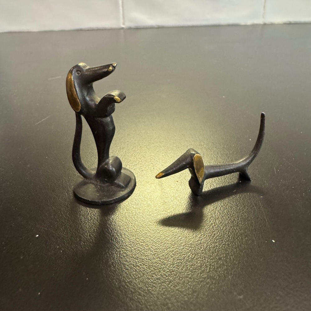 Vintage Dachshund Figurine Set Small Black Gold Mid-Century Modern Style Pups